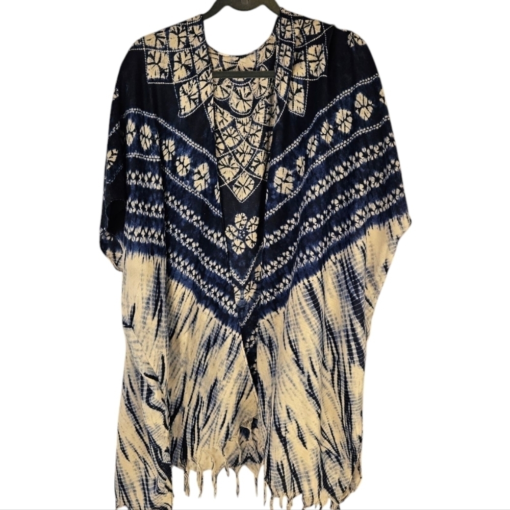 Tie Dye Bohemian Kimono Shawl blue bathing suit coverup wrap beach boho Duster‍‍